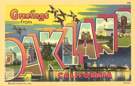 Large letter linen postcard showing 'Greetings from Oakland, California' with landmark views c.