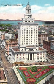 Linen era postcard showing an aerial view of Oakland, California City Hall and Memorial Plaza.