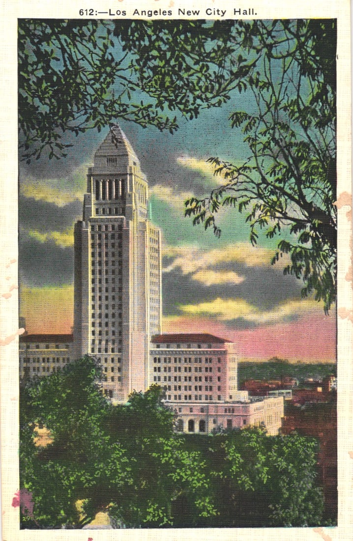 Linen postcard showing the iconic Los Angeles New City Hall building framed by trees at sunset,: You are bidding on an original postcard and not a reprint. Please view photos for further description and condition considerations. Please know the scans may be darker or lighter than the actual item'