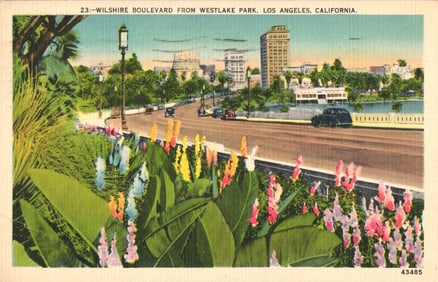 Postcard showing Wilshire Boulevard from Westlake Park, Los Angeles, California, circa 1939 era.