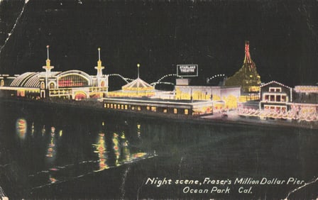 Postcard night view of the illuminated Fraser's Million Dollar Pier, Ocean Park, California c.1912