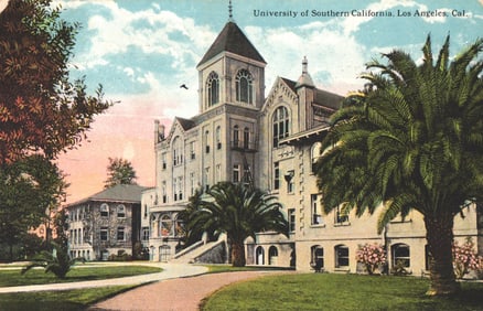 Postcard of the University of Southern California campus with its main building, Los Angeles,