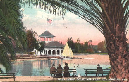Postcard of the Boat House at Westlake Park, Los Angeles, California. People on benches, sailboat.