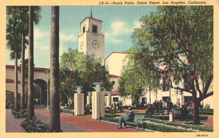 Linen postcard of the South Patio and Clock Tower at Union Depot, Los Angeles, California c. 1940s.