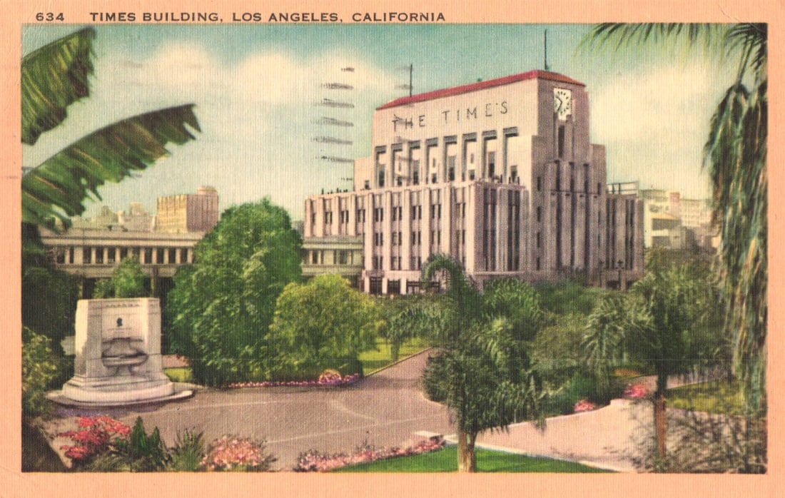 Postcard of The Times Building in the beautiful Civic Center of Los Angeles, California circa 1940s: You are bidding on an original postcard and not a reprint. Please view photos for further description and condition considerations. Please know the scans may be darker or lighter than the actual item'