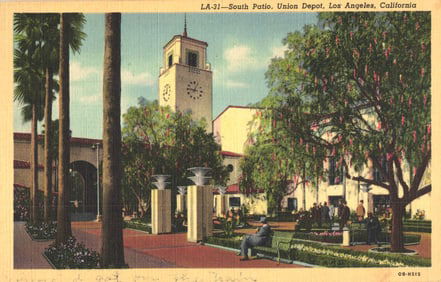 Linen Postcard of the South Patio at Union Depot Station in Los Angeles, California, circa 1940s