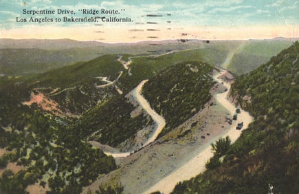 Postcard showing the winding Serpentine Drive on the Ridge Route, Los Angeles to Bakersfield,