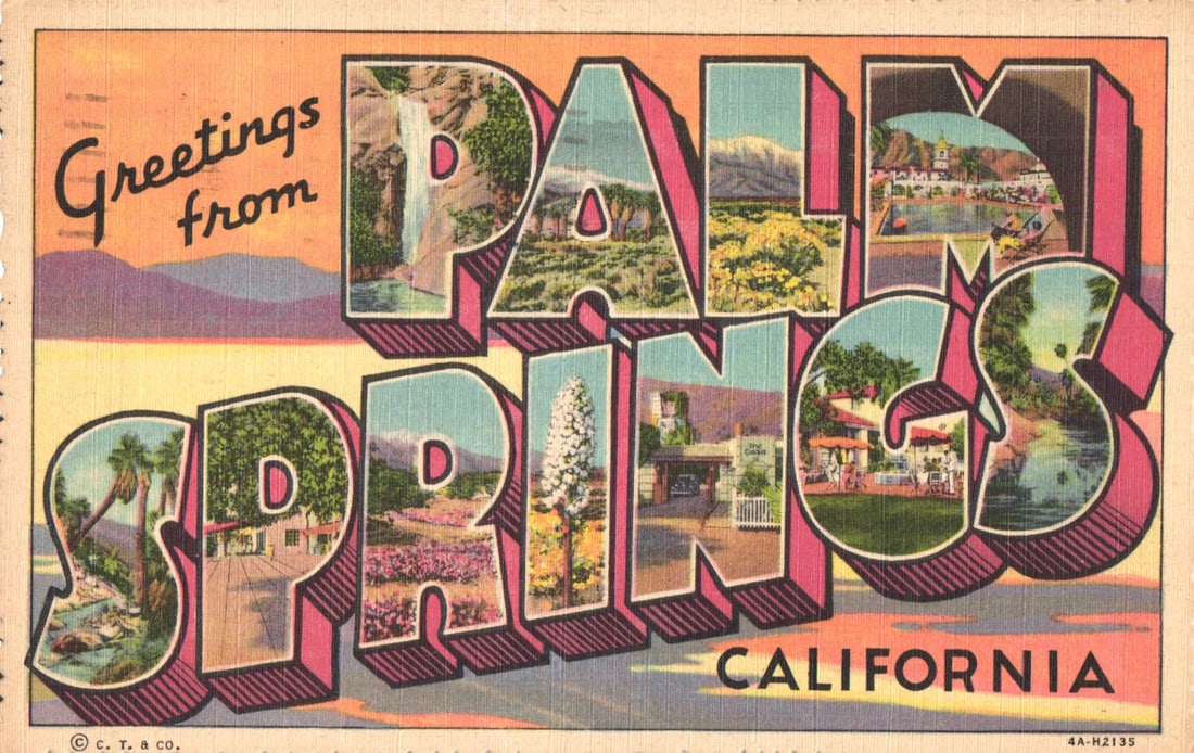 Linen postcard Greetings from Palm Springs, California, a large letter card with local scenic views. (1 of 2)
