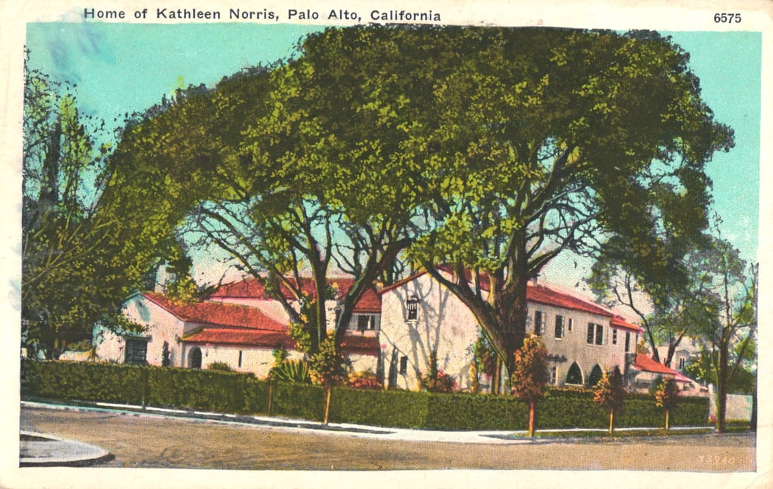 Postcard view of the Spanish-style home of famous author Kathleen Norris in Palo Alto, California.: You are bidding on an original postcard and not a reprint. Please view photos for further description and condition considerations. Please know the scans may be darker or lighter than the actual item'