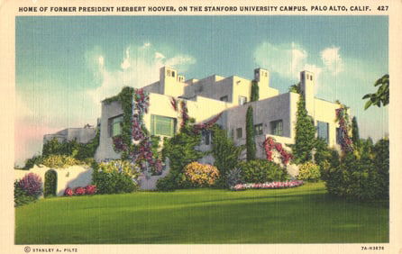 Linen postcard of Herbert Hoover's Home atop San Juan Hill, Stanford University, Palo Alto,