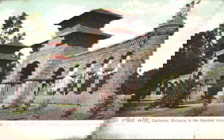Postcard showing the stone arched Entrance to Stanford University in Palo Alto, California c. 1910s