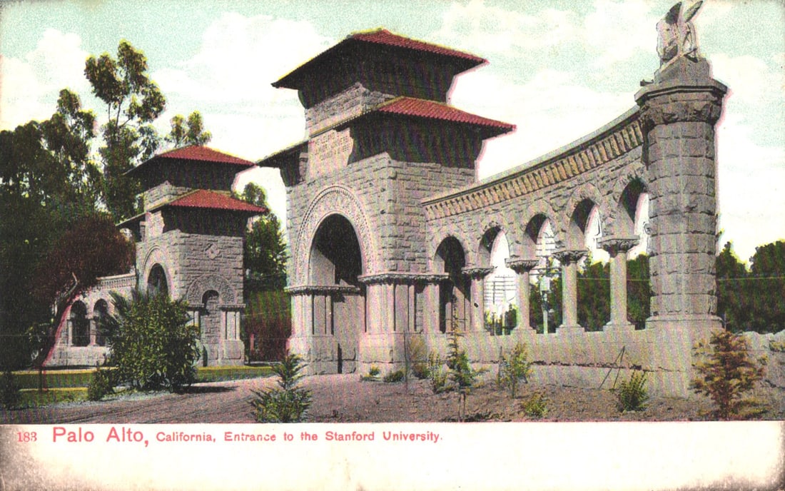 Postcard showing the stone arched Entrance to Stanford University in Palo Alto, California c. 1910s: You are bidding on an original postcard and not a reprint. Please view photos for further description and condition considerations. Please know the scans may be darker or lighter than the actual item'