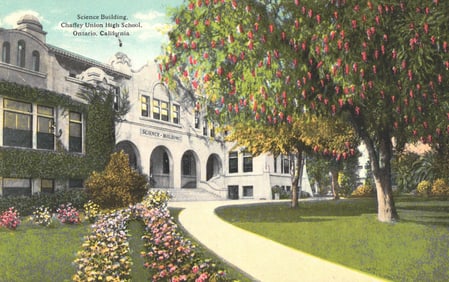 Postcard showing the Science Building at Chaffey Union High School in Ontario, California c. 1910s
