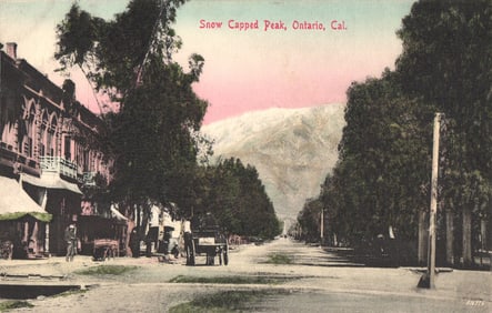 Early 1900s postcard of a tree-lined street in Ontario, California with a snow-capped mountain.