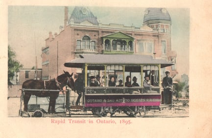 Postcard showing the horse-drawn Rapid Transit trolley for Ontario & San Antonio Heights in