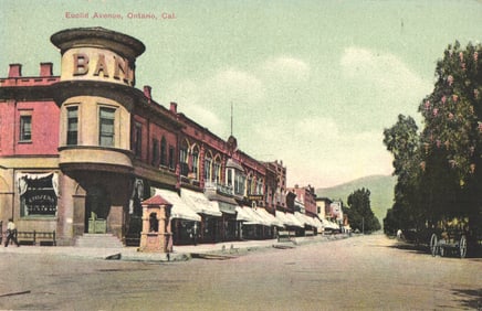 Postcard showing early storefronts and bank on Euclid Avenue in Ontario, California circa 1912.