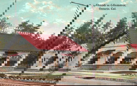 Postcard showing the Ontario Chamber of Commerce building with its red tile roof in Ontario,
