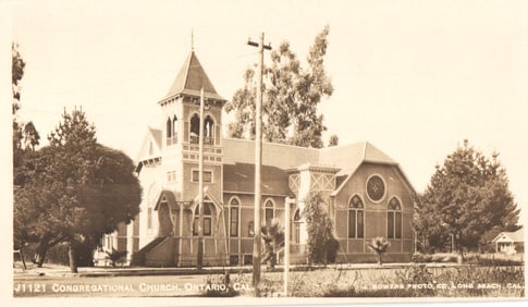 RPPC Real Photo Postcard view of the Congregational Church in Ontario, California. J. Bowers Photo.