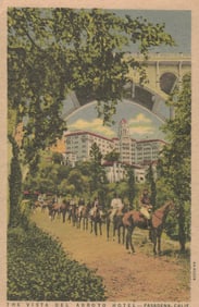 Linen postcard of the Vista del Arroyo Hotel & horseback riders in Pasadena, California c. 1936.