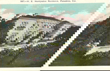 Postcard showing the H. E. Huntington Residence and lush gardens in Pasadena, California c. 1910s.