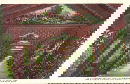 Postcard showing The Picture Bridge, Japanese Gardens, The Huntington Hotel, Pasadena, California.