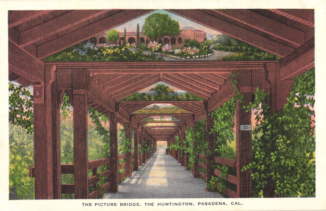 Postcard showing The Picture Bridge, Japanese Gardens, The Huntington Hotel, Pasadena, California.: You are bidding on an original postcard and not a reprint. Please view photos for further description and condition considerations. Please know the scans may be darker or lighter than the actual item'