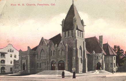 Postcard of the First M. E. Church in Pasadena, California, showing the grand stone building c. 1908