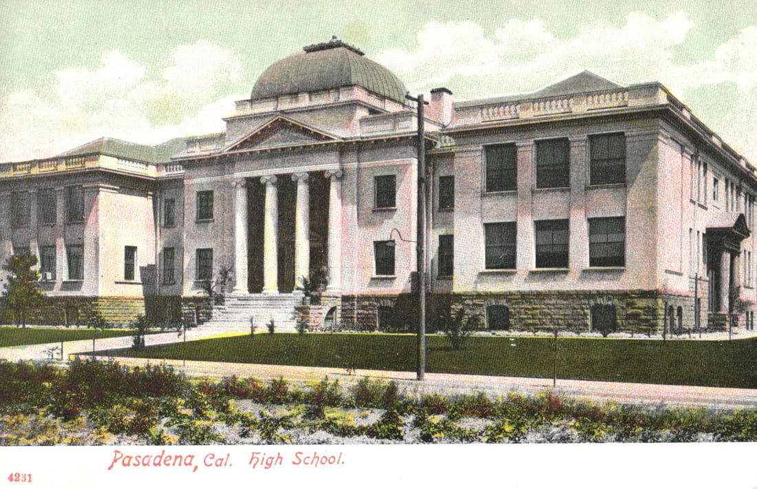 Postcard showing Pasadena High School, an early 20th-century view of the campus in California. (1 of 2)