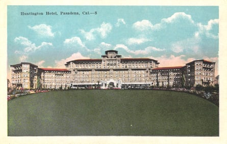 Postcard view of the grand Huntington Hotel with its expansive green lawn, Pasadena, California