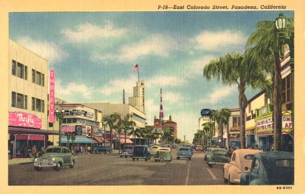 Linen postcard showing a street scene of East Colorado Street in Pasadena, California, circa 1949.