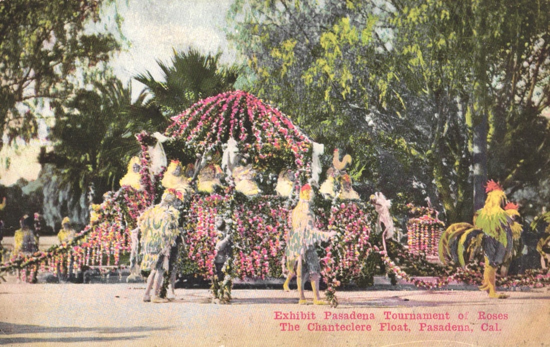 Postcard of The Chanteclere Float in the Pasadena Tournament of Roses parade, Pasadena, California (1 of 2)