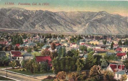 Postcard showing a bird's-eye view of Pasadena, California with the San Gabriel Mountains in 1906.