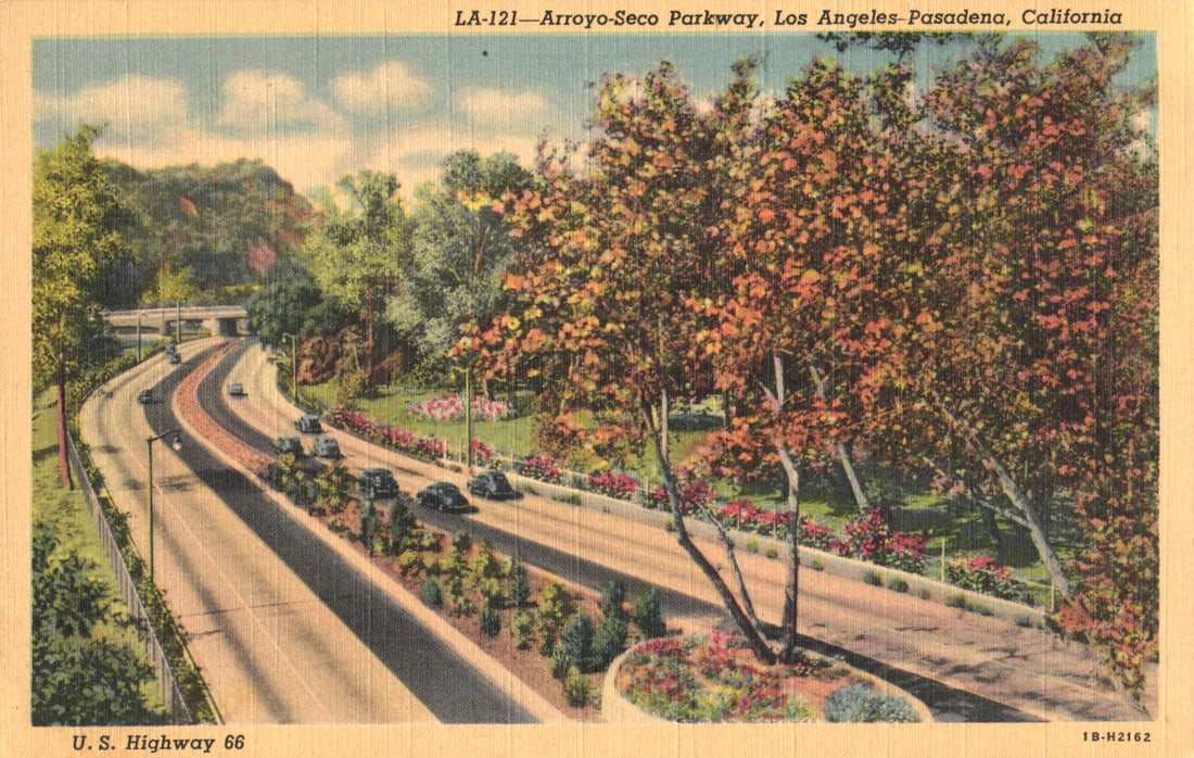 Linen postcard of the Arroyo-Seco Parkway, U.S. Highway 66, linking Los Angeles & Pasadena,: You are bidding on an original postcard and not a reprint. Please view photos for further description and condition considerations. Please know the scans may be darker or lighter than the actual item'
