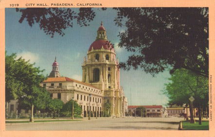 Postcard showing the magnificent City Hall in Pasadena, California's beautiful Civic Center, 1940s