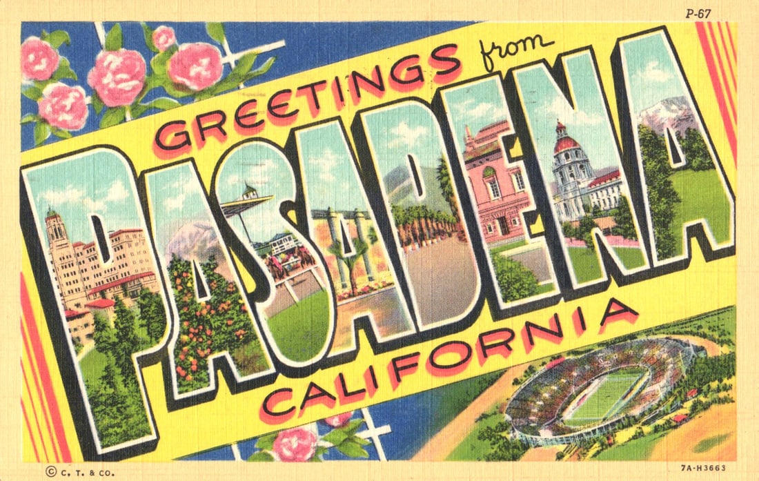 Linen Postcard Greetings from Pasadena, California Large-Letter view of Rose Bowl Stadium 1940s. (1 of 2)