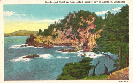Postcard showing the rugged coast of Point Lobos with Carmel Bay in the distance, California c.