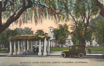 Postcard of the entrance to Hotel Vista Del Arroyo with a classic car in Pasadena, California,