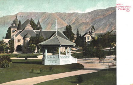 Postcard of the gazebo in Library Park with San Gabriel Mountains, Pasadena, California c. 1909