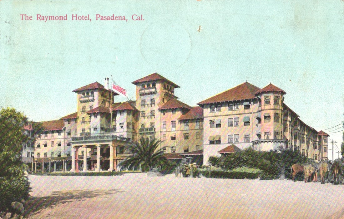 Postcard view of the grand Raymond Hotel in Pasadena, California, with elephants on the lawn c. 1908 (1 of 2)