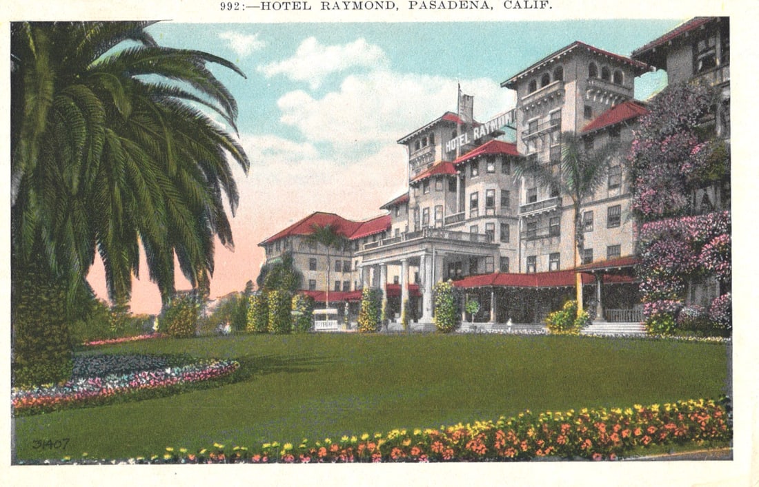 Postcard view of the luxurious Hotel Raymond and its manicured grounds in Pasadena, California: You are bidding on an original postcard and not a reprint. Please view photos for further description and condition considerations. Please know the scans may be darker or lighter than the actual item'