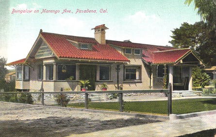 Postcard showing a classic Craftsman bungalow on Marengo Avenue in Pasadena, California circa 1910s