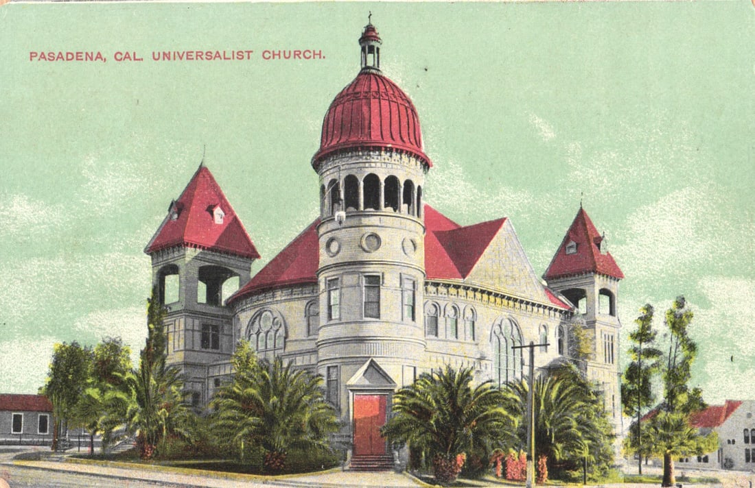 Postcard showing the Universalist Church in Pasadena, California with its red dome and turrets c.: You are bidding on an original postcard and not a reprint. Please view photos for further description and condition considerations. Please know the scans may be darker or lighter than the actual item'