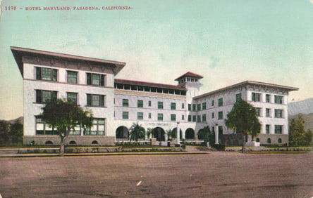 Postcard of the Hotel Maryland in Pasadena, California showing the Mission Revival building c. 1910s