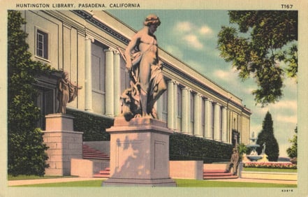 Linen postcard of the Huntington Library building and sculpture garden, Pasadena, California c.