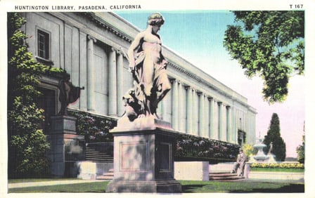 Linen postcard of the Huntington Library with a prominent classical statue in its lush gardens,