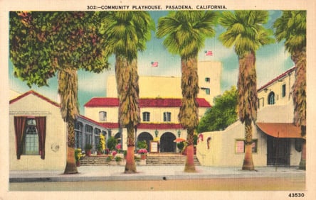 Linen postcard of the Community Playhouse, a Spanish Colonial Revival theater in Pasadena,