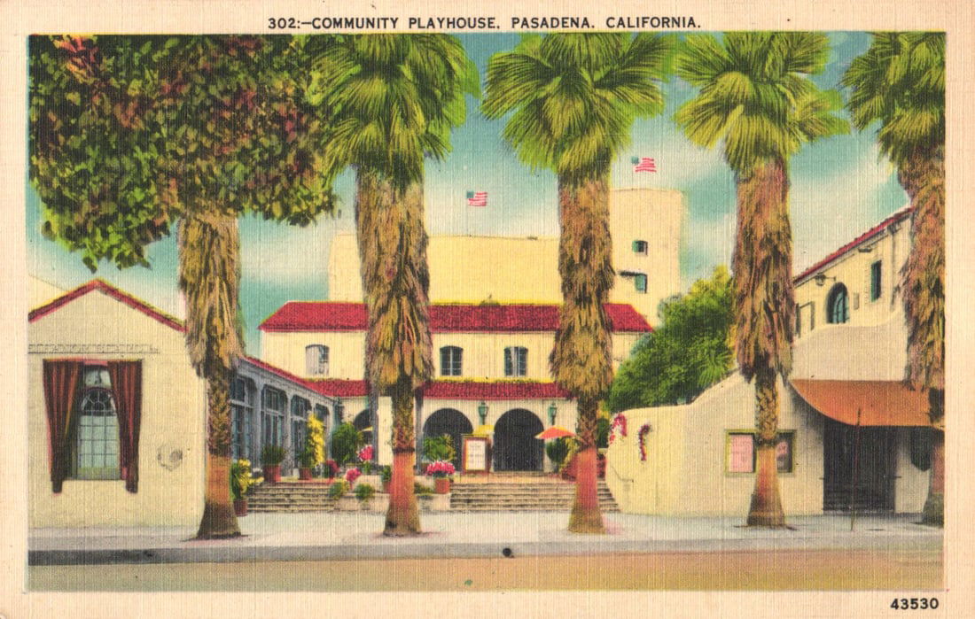 Linen postcard of the Community Playhouse, a Spanish Colonial Revival theater in Pasadena,: You are bidding on an original postcard and not a reprint. Please view photos for further description and condition considerations. Please know the scans may be darker or lighter than the actual item'