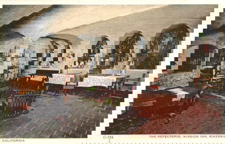 Postcard view of The Refectorio, Spanish-style dining room at the Mission Inn, Riverside, California