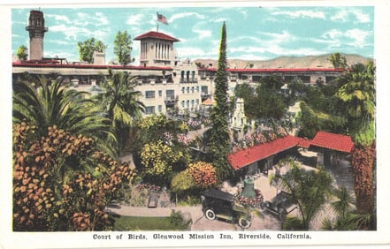 Postcard view of the Court of Birds at the Glenwood Mission Inn hotel in Riverside, California.