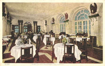 Postcard view of the Spanish dining room with tiled floors at the Mission Inn, Riverside,